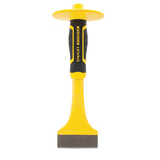 The 3 IN STANLEY® FATMAX® Floor Chisel with Guard features a wide, flat blade and protective hand guard—perfect for tile removal and demolition. Shown upright on a white background.